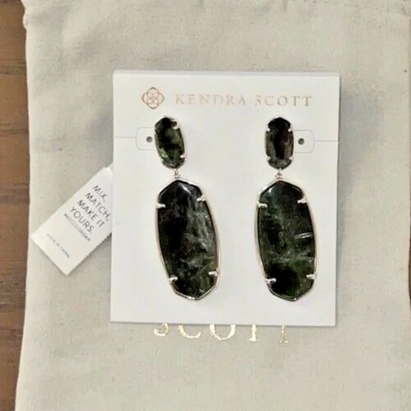 Kendra Scott Elle Custom Statement Earrings Silver & Green Sage Mica NEW - Picture 6 of 6